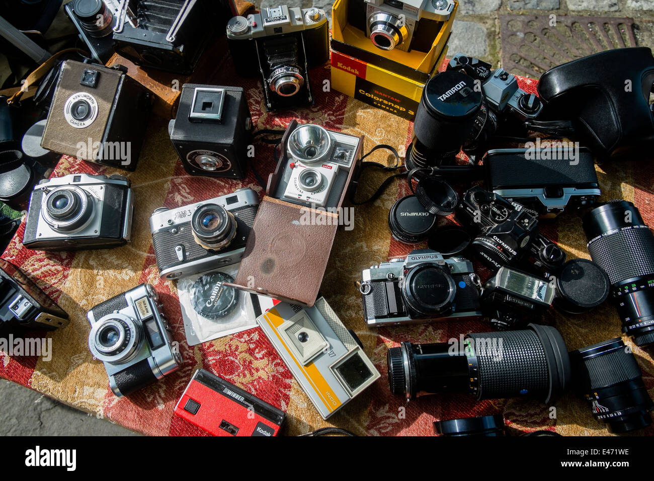 Second hand old used film analogue cameras on sale at Machynlleth Market,  Mid Wales UK Stock Photo - Alamy