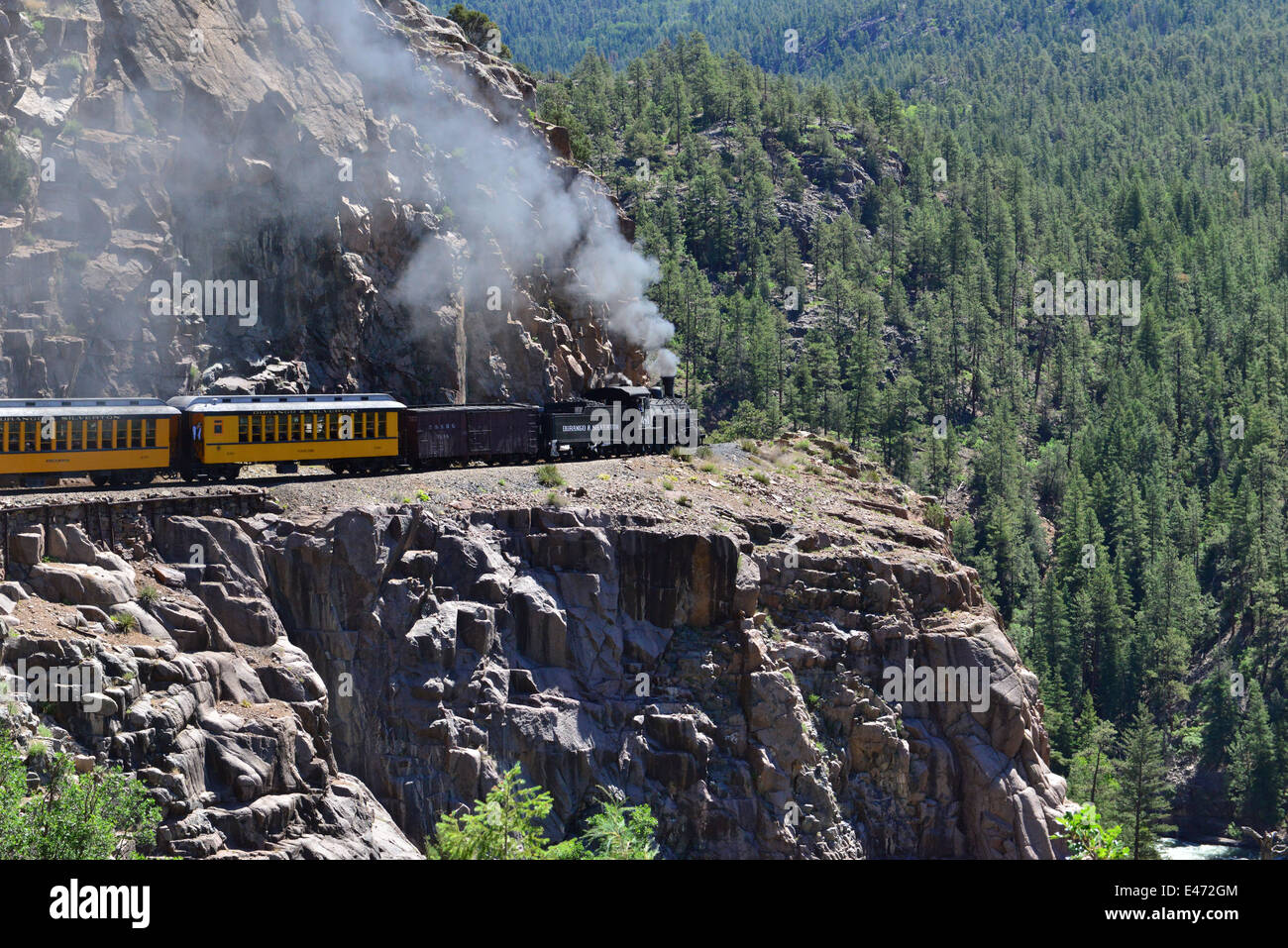 A narrow gauge locomotive of the Durango & Silverton Railway at Animas Canyon. Stock Photo