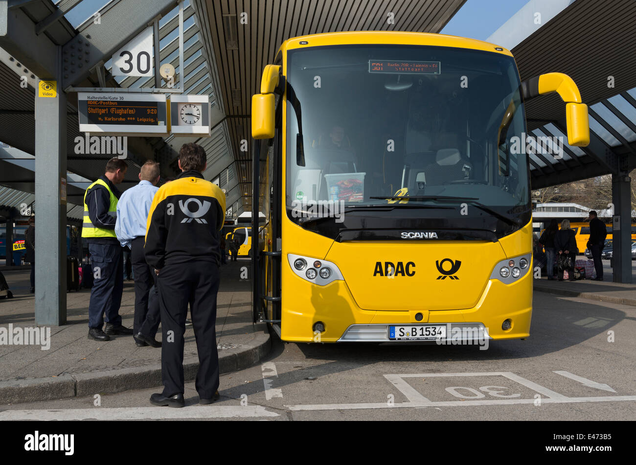 Berlin, Germany, ADAC Postbus is about to start to Stuttgart Stock Photo