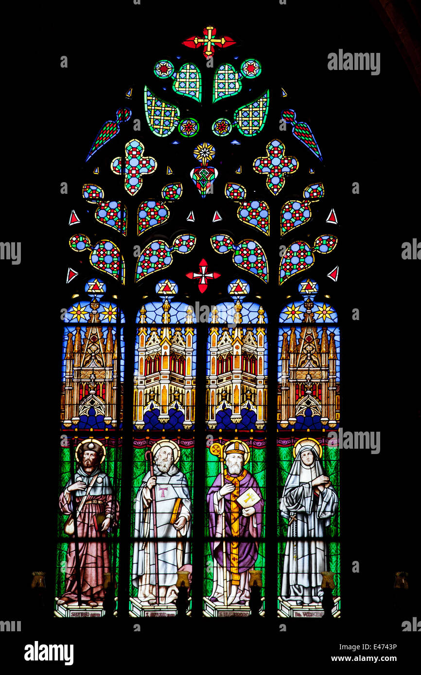 Stained glass window in the Barcelona Cathedral in Catalonia, Spain. Stock Photo