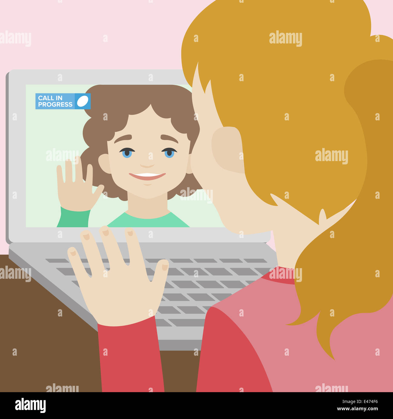 Flat illustration of two happy cute smiling girlfriends calling each other via video chat on a laptop Stock Photo