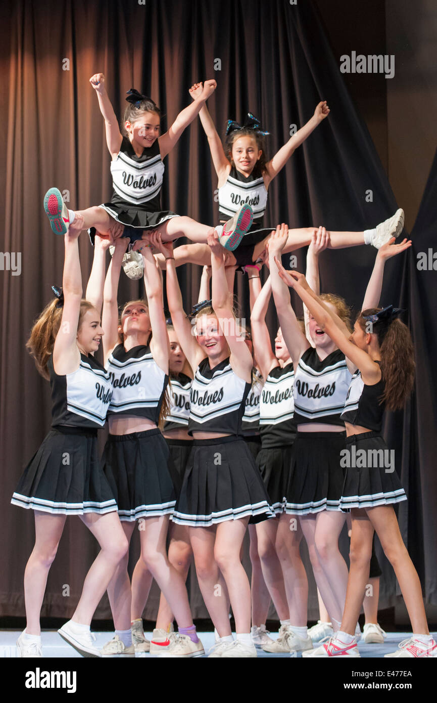 North West London junior cheer leading competition 2014 The Wolves team in acrobatic formation Stock Photo