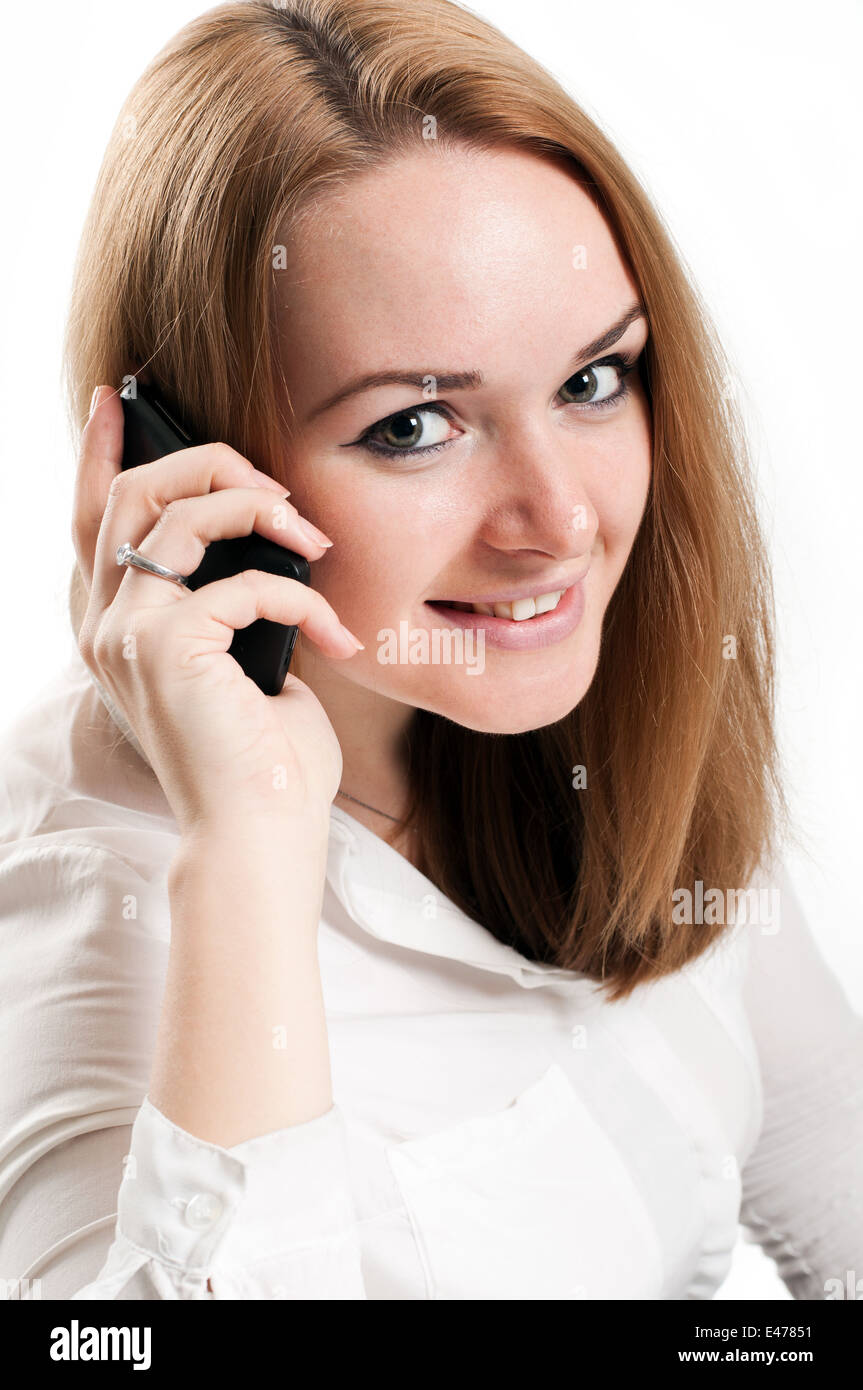 phones woman girl background people business white women young female phone beautiful beauty person portrait looking technology Stock Photo