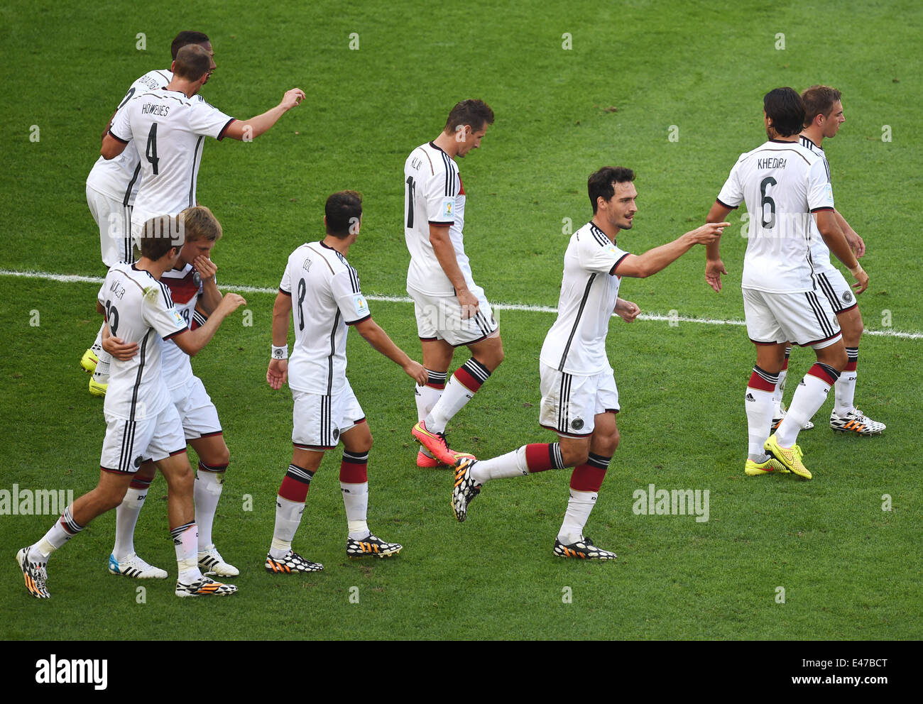 Rio de Janeiro, Brazil. 04th July, 2014. Mats Hummels (3-R) of Germany celebrates with team mates after scoring 0-1 goal during the FIFA World Cup 2014 quarter final soccer match between France and Germany at Estadio do Maracana in Rio de Janeiro, Brazil, 04 July 2014. Photo: Marcus Brandt/dpa/Alamy Live News Stock Photo