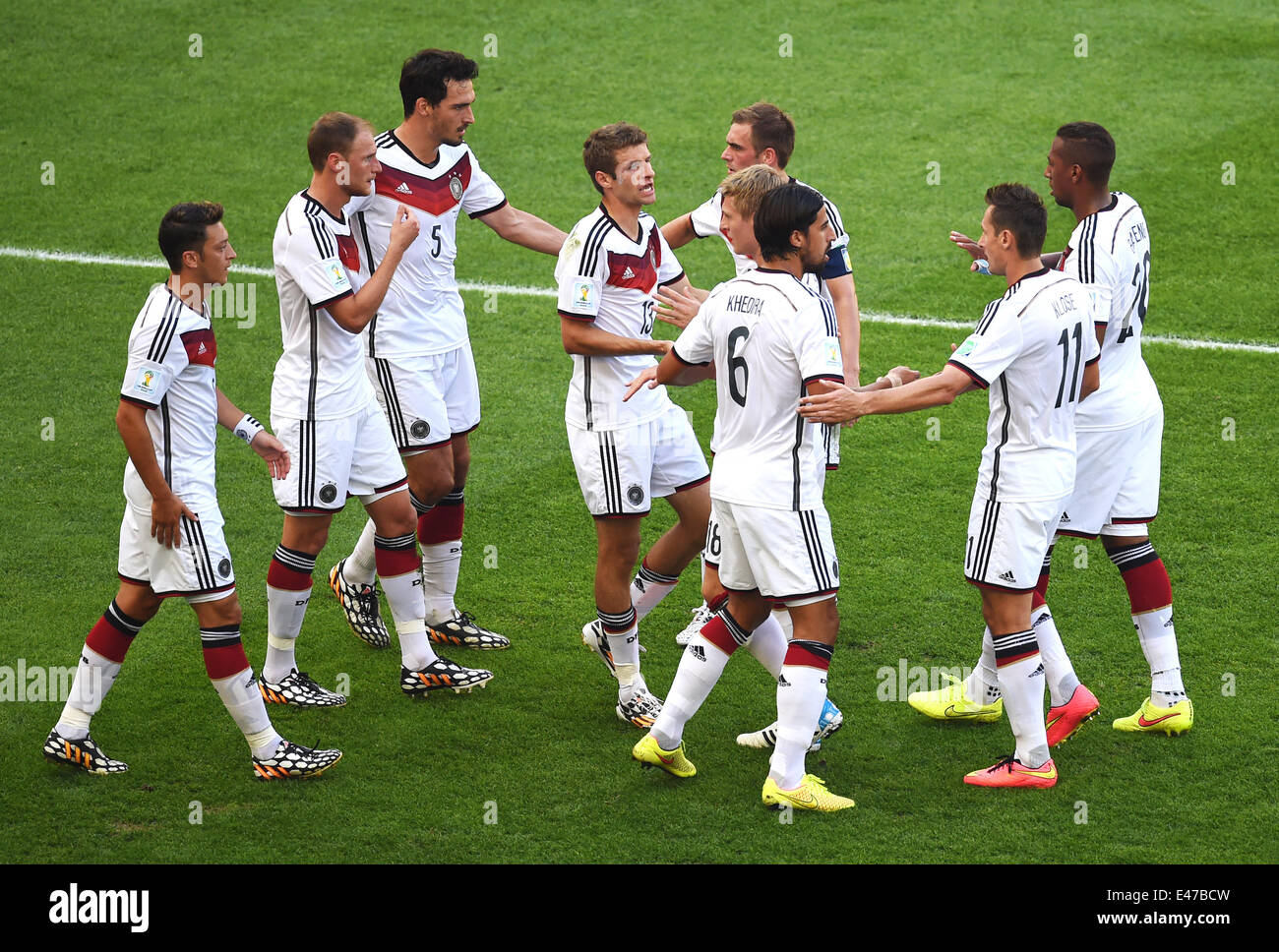 Rio de Janeiro, Brazil. 04th July, 2014. Mats Hummels (3-L) of Germany celebrates with team mates after scoring 0-1 goal during the FIFA World Cup 2014 quarter final soccer match between France and Germany at Estadio do Maracana in Rio de Janeiro, Brazil, 04 July 2014. Photo: Marcus Brandt/dpa/Alamy Live News Stock Photo