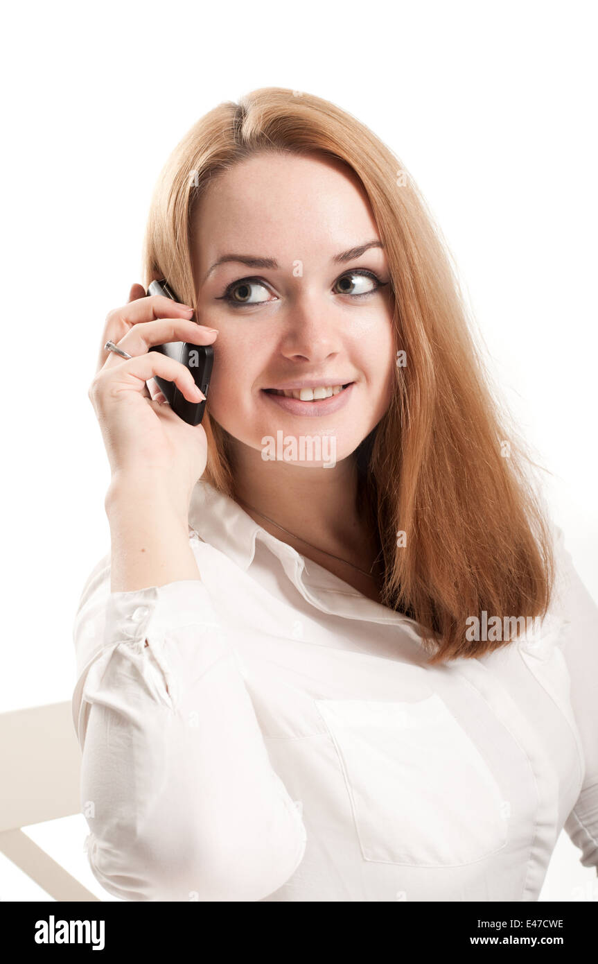 phones woman girl background people business white women young female phone beautiful beauty person portrait looking technology Stock Photo