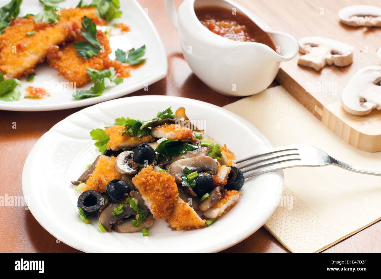 salad olives chicken brisket meat white green sauce fork food new dish