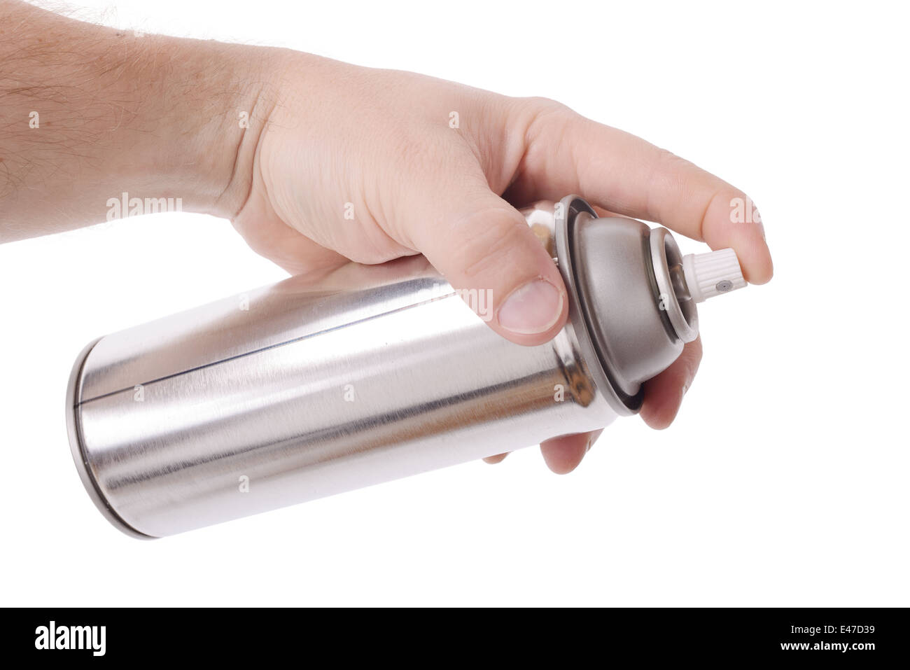 Hand holding a spray can isolated on a white background Stock Photo