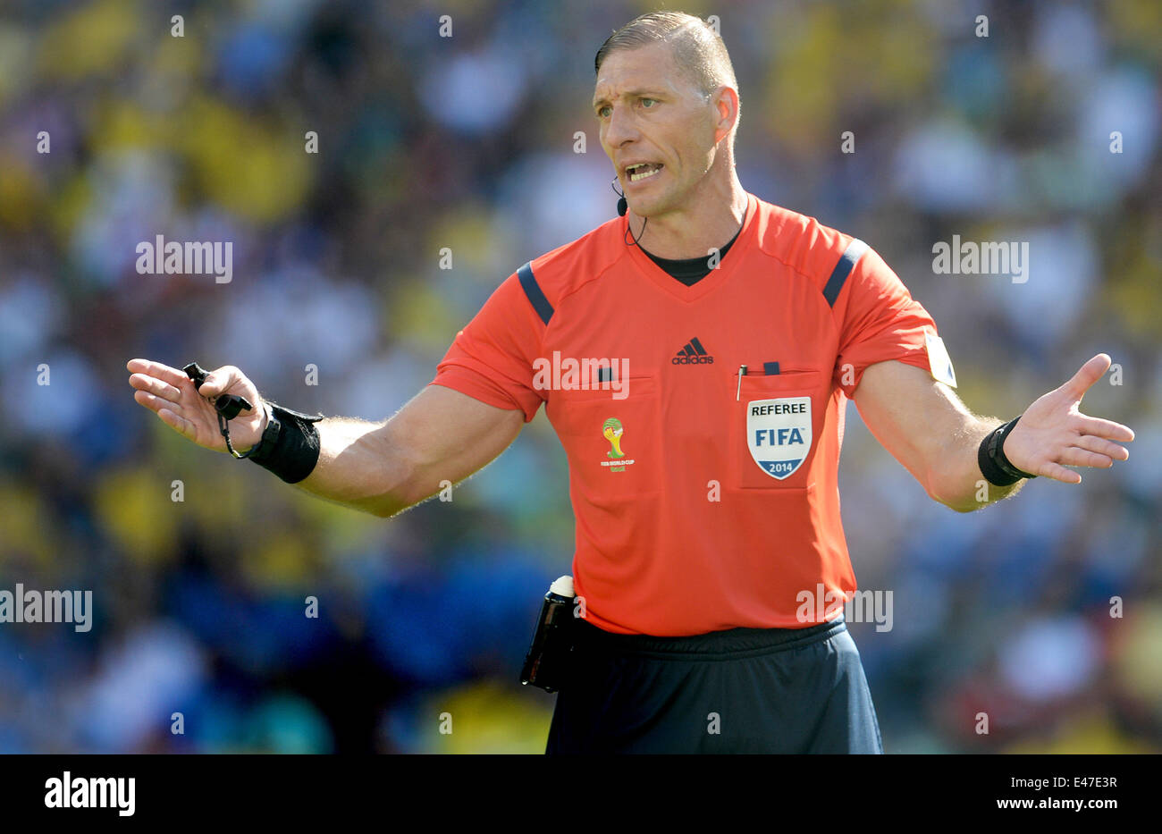 Rio de Janeiro, Brazil. 04th July, 2014. Refree Nestor Pitana of Argentina reacts during the FIFA World Cup 2014 quarter final soccer match between France and Germany at Estadio do Maracana in Rio de Janeiro, Brazil, 04 July 2014. Photo: Andreas Gebert/dpa/Alamy Live News Stock Photo