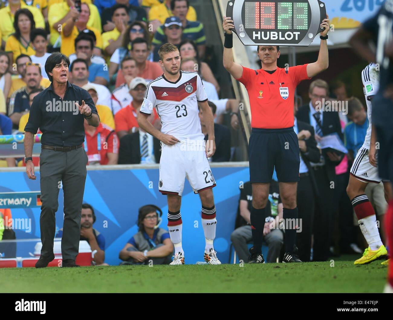Rio de Janeiro, Brazil. 04th July, 2014. Head coach Joachim Loew (L) and Christoph Kramer of Germany during the FIFA World Cup 2014 quarter final soccer match between France and Germany at Estadio do Maracana in Rio de Janeiro, Brazil, 04 July 2014. Photo: Andreas Gebert/dpa/Alamy Live News Stock Photo