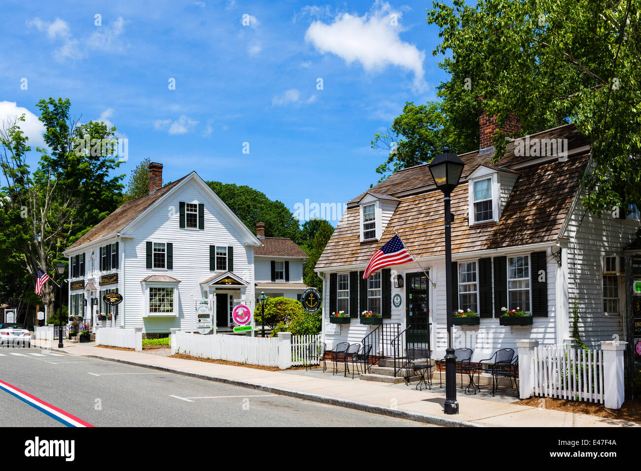 Historic old buildings on Main Street in the old town, Essex, Connecticut, USA Stock Photo
