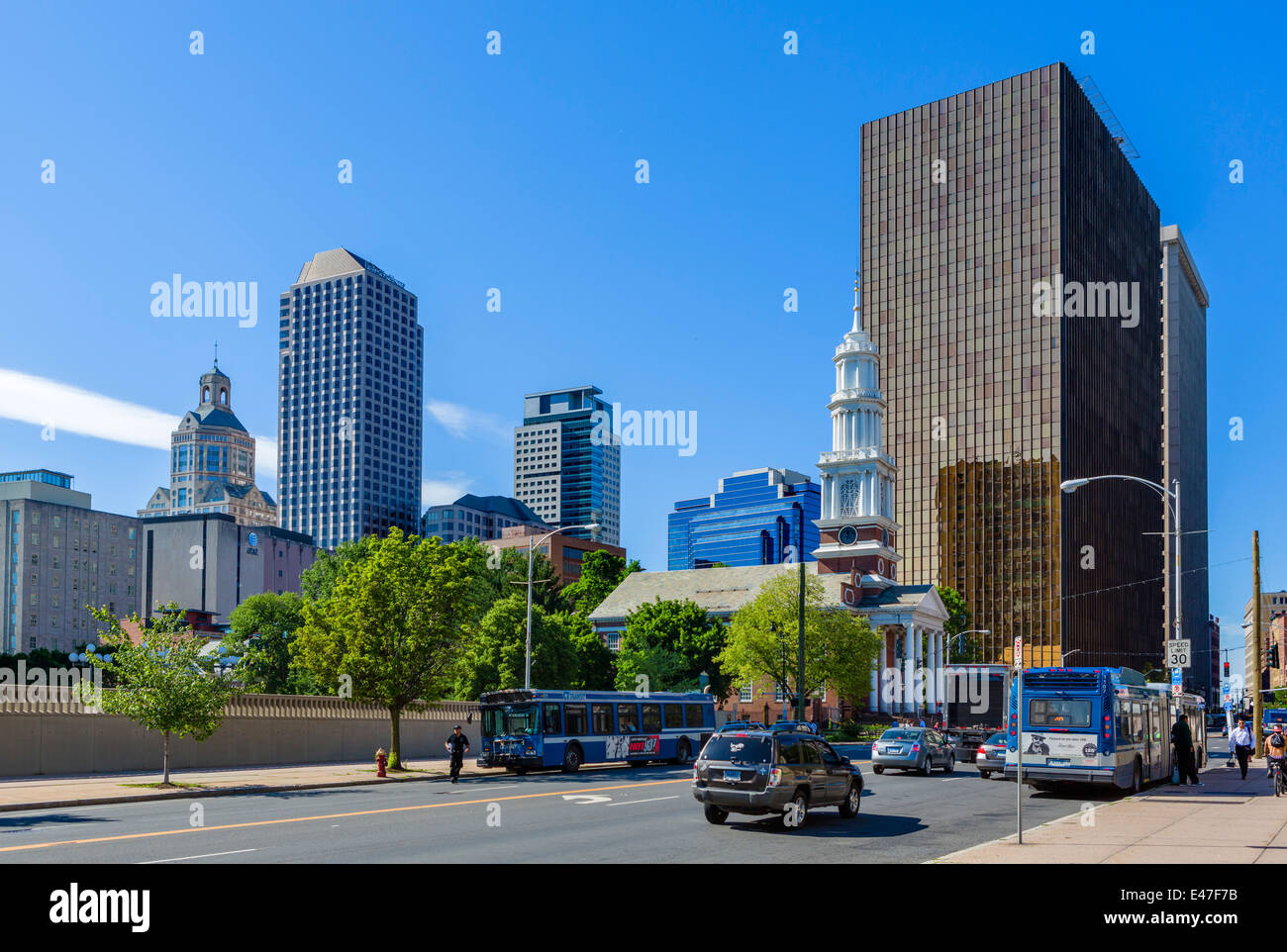 View down Main Street from outside the Wadsworth Atheneum in downtown Hartford, Connecticut, USA Stock Photo