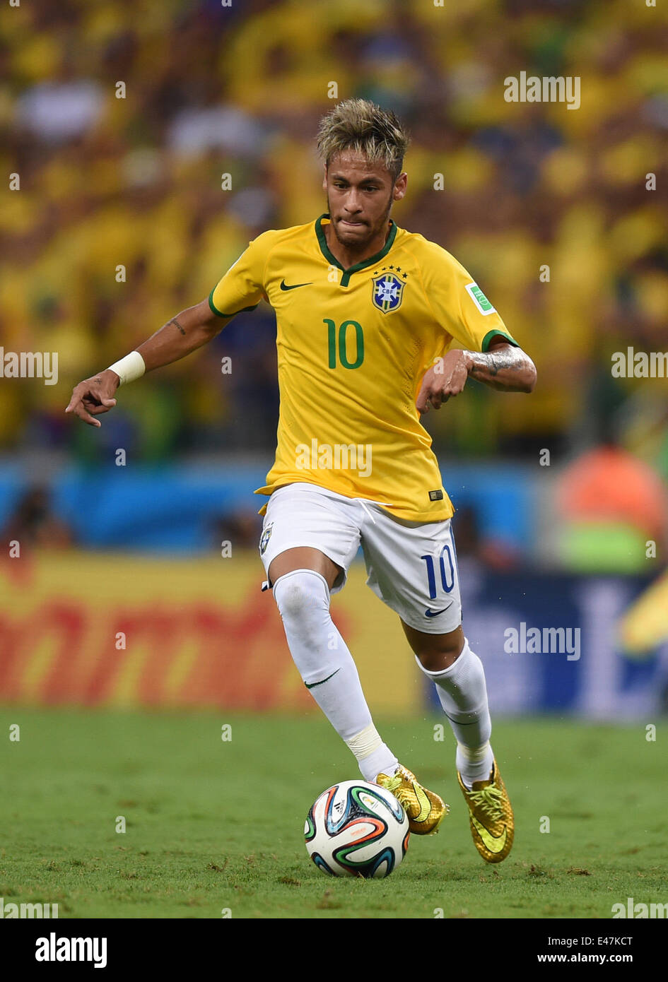 Fortaleza, Brazil. 04th July, 2014. Neymar of Brazil in action during the  FIFA World Cup 2014 quarter final match soccer between Brazil and Colombia  at the Estadio Castelao in Fortaleza, Brazil, 04