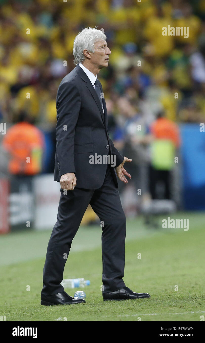 Fortaleza, Brazil. 4th July, 2014. Colombia's coach Jose Pekerman reacts during a quarter-finals match between Brazil and Colombia of 2014 FIFA World Cup at the Estadio Castelao Stadium in Fortaleza, Brazil, on July 4, 2014. Credit:  Zhou Lei/Xinhua/Alamy Live News Stock Photo