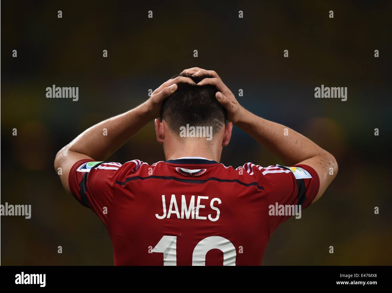 Fortaleza, Brazil. 04th July, 2014. James Rodriguez of Colombia reacts during the FIFA World Cup 2014 quarter final match soccer between Brazil and Colombia at the Estadio Castelao in Fortaleza, Brazil, 04 July 2014. Photo: Marius Becker/dpa/Alamy Live News Stock Photo