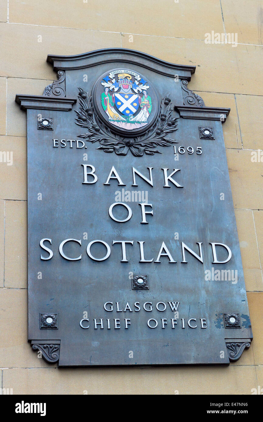 Bank of SCOTLAND chief office sign logo, part of Lloyds Banking Group, in St Vincent Street, City Centre, Glasgow, SCOTLAND, UK Stock Photo