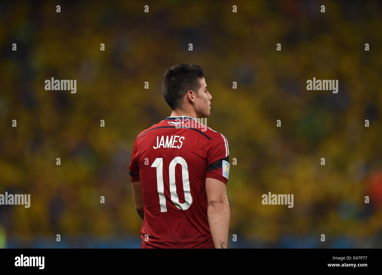 Fortaleza, Brazil. 04th July, 2014. James Rodriguez of Colombia reacts after the FIFA World Cup 2014 quarter final match soccer between Brazil and Colombia at the Estadio Castelao in Fortaleza, Brazil, 04 July 2014. Photo: Marius Becker/dpa/Alamy Live News Stock Photo