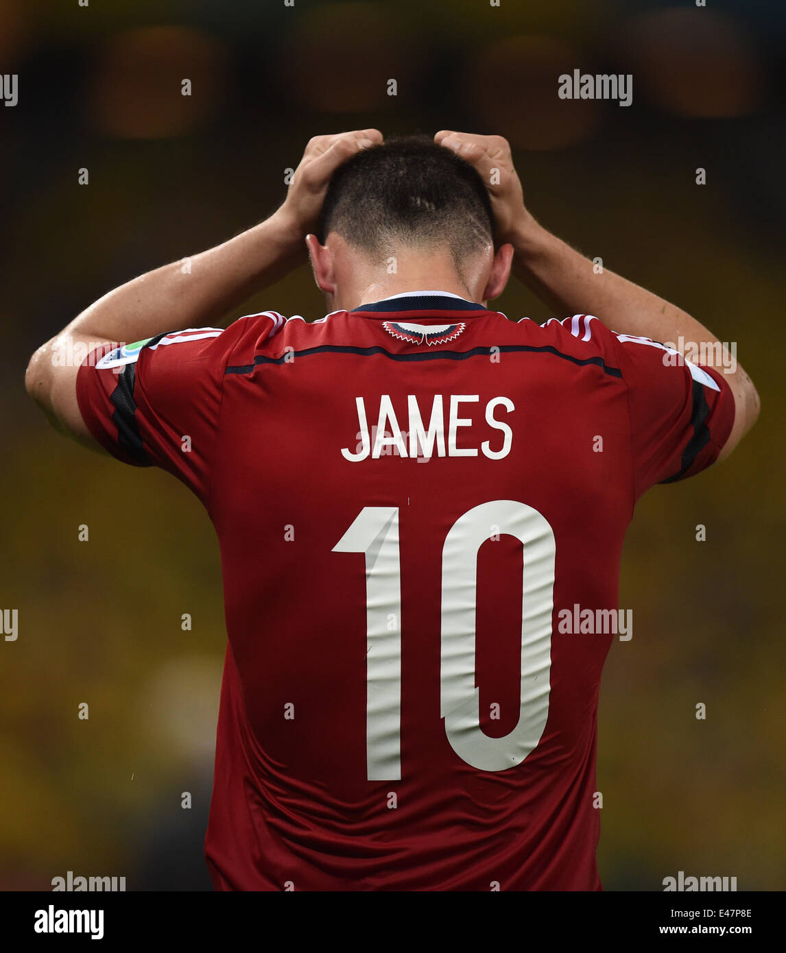 Fortaleza, Brazil. 04th July, 2014. James Rodriguez of Colombia reacts after the FIFA World Cup 2014 quarter final match soccer between Brazil and Colombia at the Estadio Castelao in Fortaleza, Brazil, 04 July 2014. Photo: Marius Becker/dpa/Alamy Live News Stock Photo