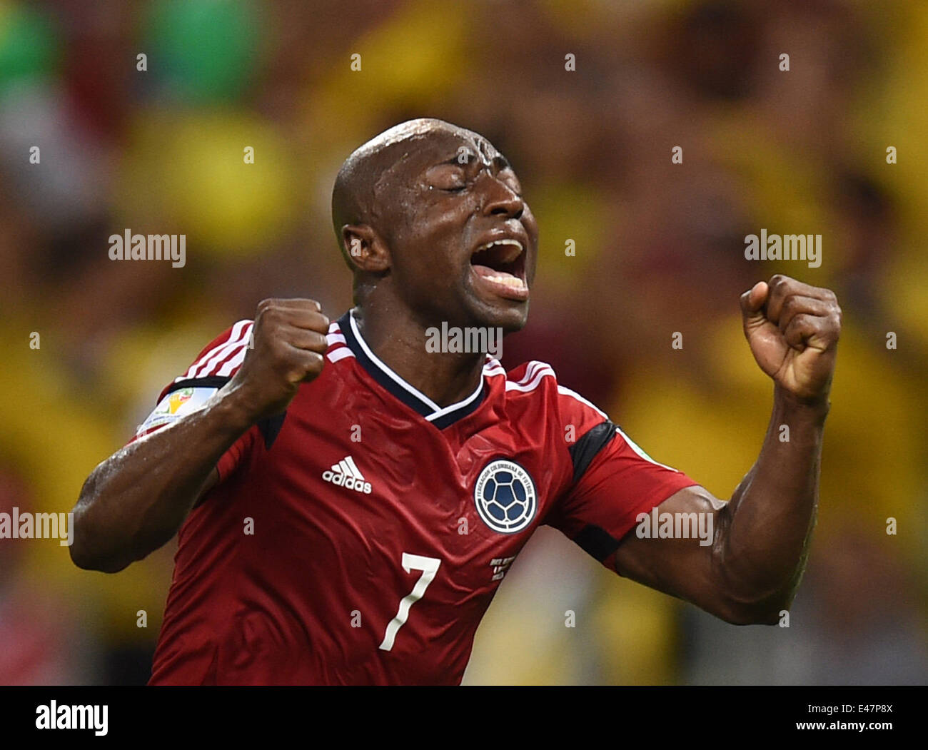 Fortaleza, Brazil. 04th July, 2014. Pablo Armero of Colombia reacts during the FIFA World Cup 2014 quarter final match soccer between Brazil and Colombia at the Estadio Castelao in Fortaleza, Brazil, 04 July 2014. Photo: Marius Becker/dpa/Alamy Live News Stock Photo
