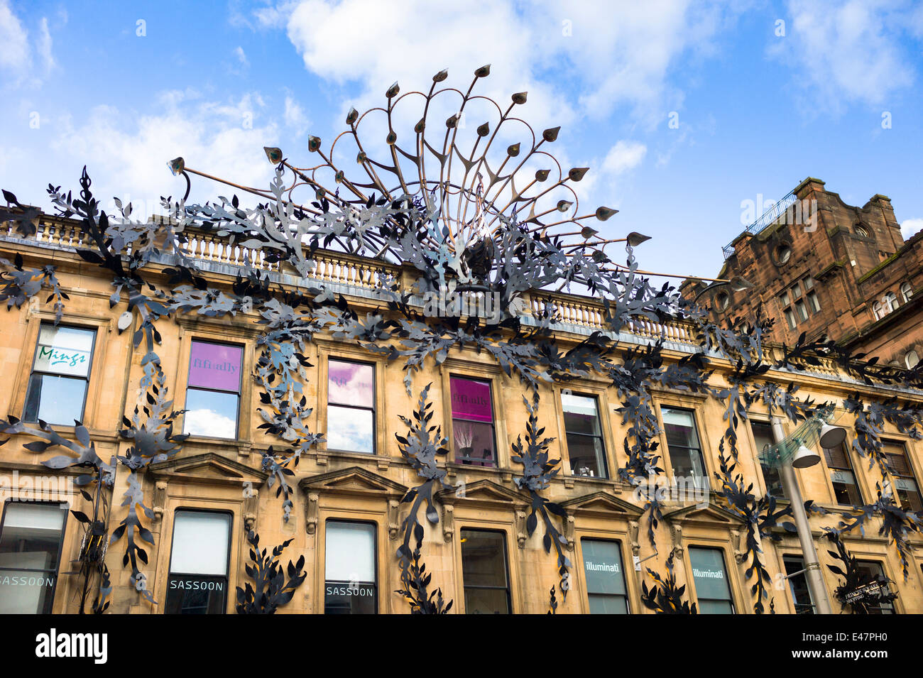 Famous peacock modern art sculpture above Prince's Square Shopping Centre in Buchanan Street, Glasgow City Centre, SCOTLAND Stock Photo