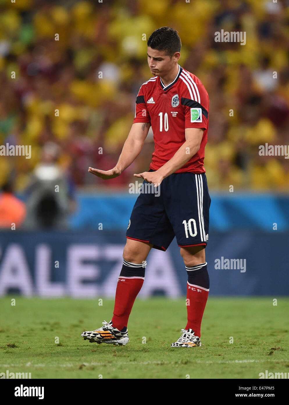 Fortaleza, Brazil. 04th July, 2014. James Rodriguez of Colombia reacts during the FIFA World Cup 2014 quarter final match soccer between Brazil and Colombia in Fortaleza, Brazil, 04 July 2014. Photo: Marius Becker/dpa/Alamy Live News Stock Photo