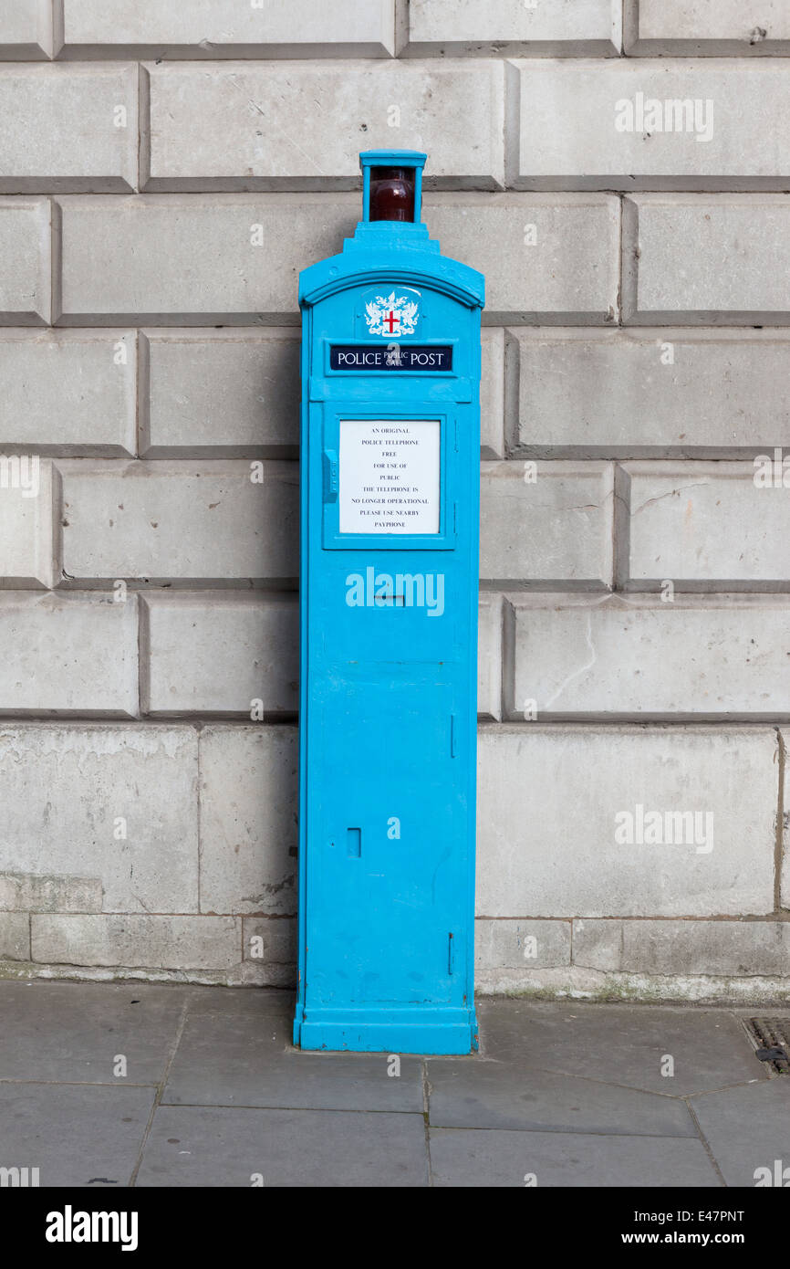 Blue police public call post, an original free police telephone box, by Mansion House, City of London. Stock Photo