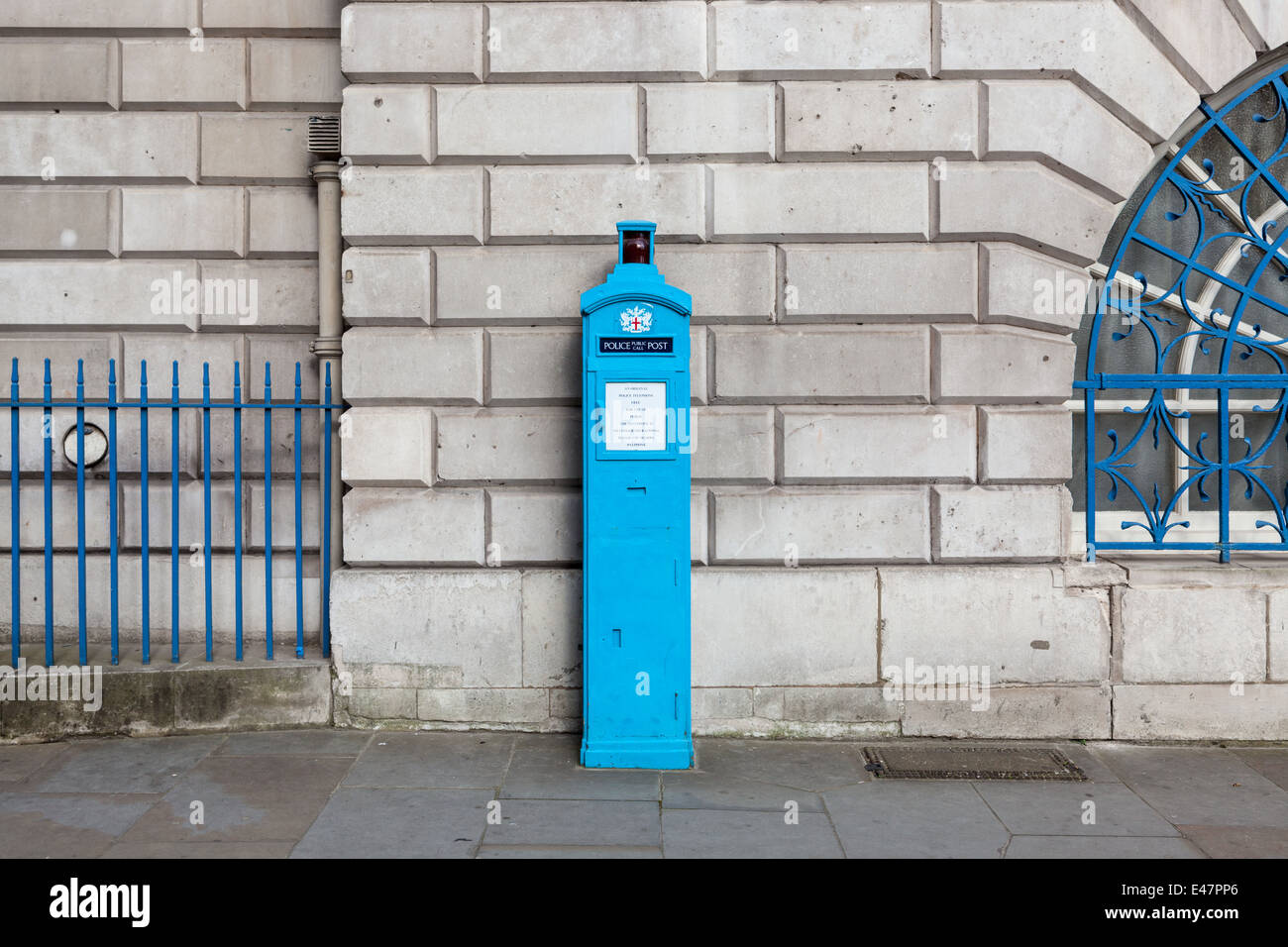Blue police public call post, an original free police telephone box, by Mansion House, City of London. Stock Photo