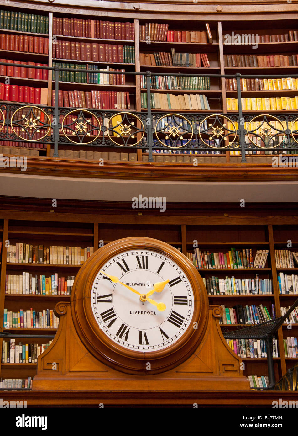 Clock in the Picton Reading Room, Central Library, Liverpool.  It sits over the door leading to the Hornby Library. Stock Photo