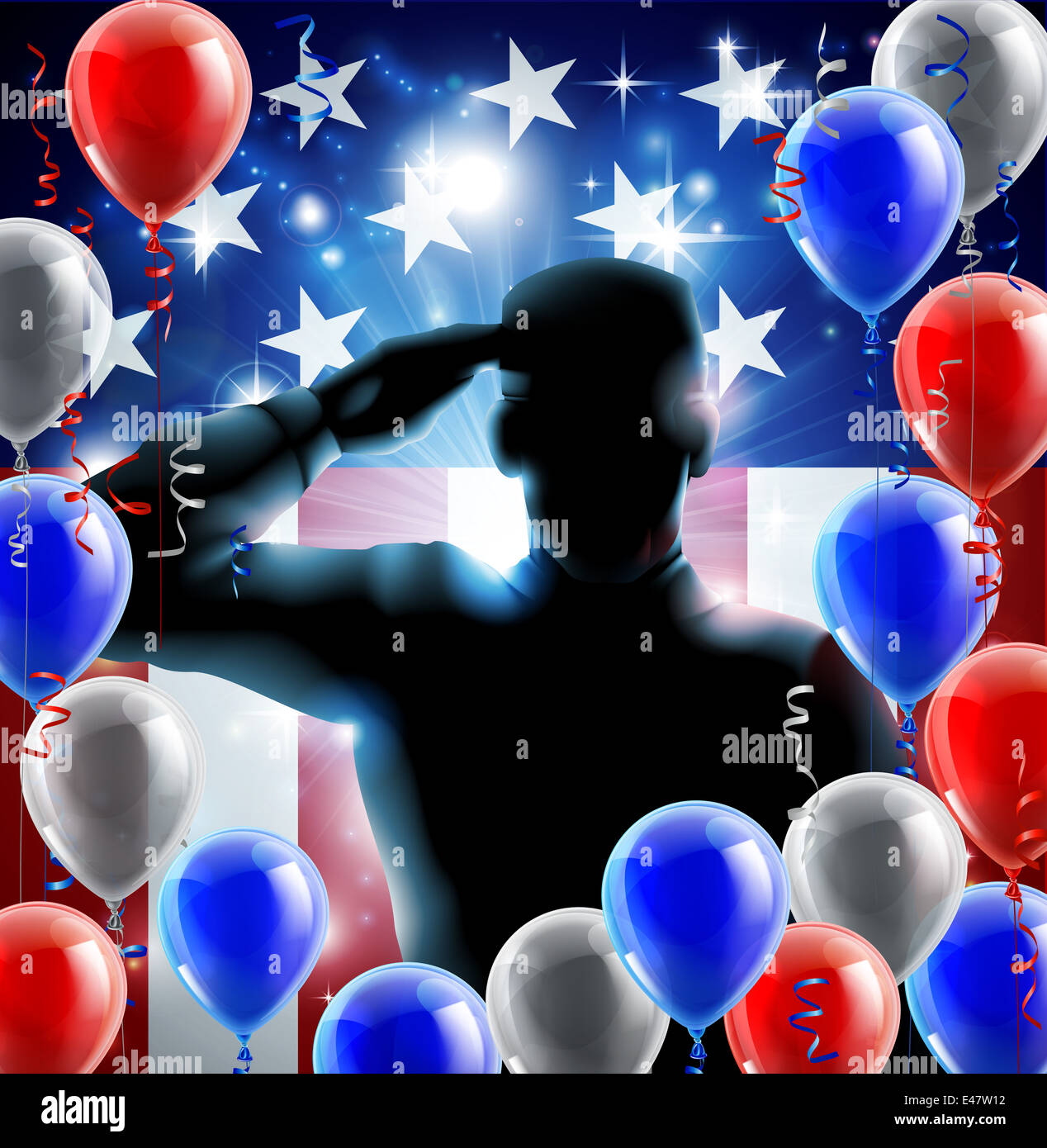 Patriotic soldier or veteran saluting in front of an American flag ...