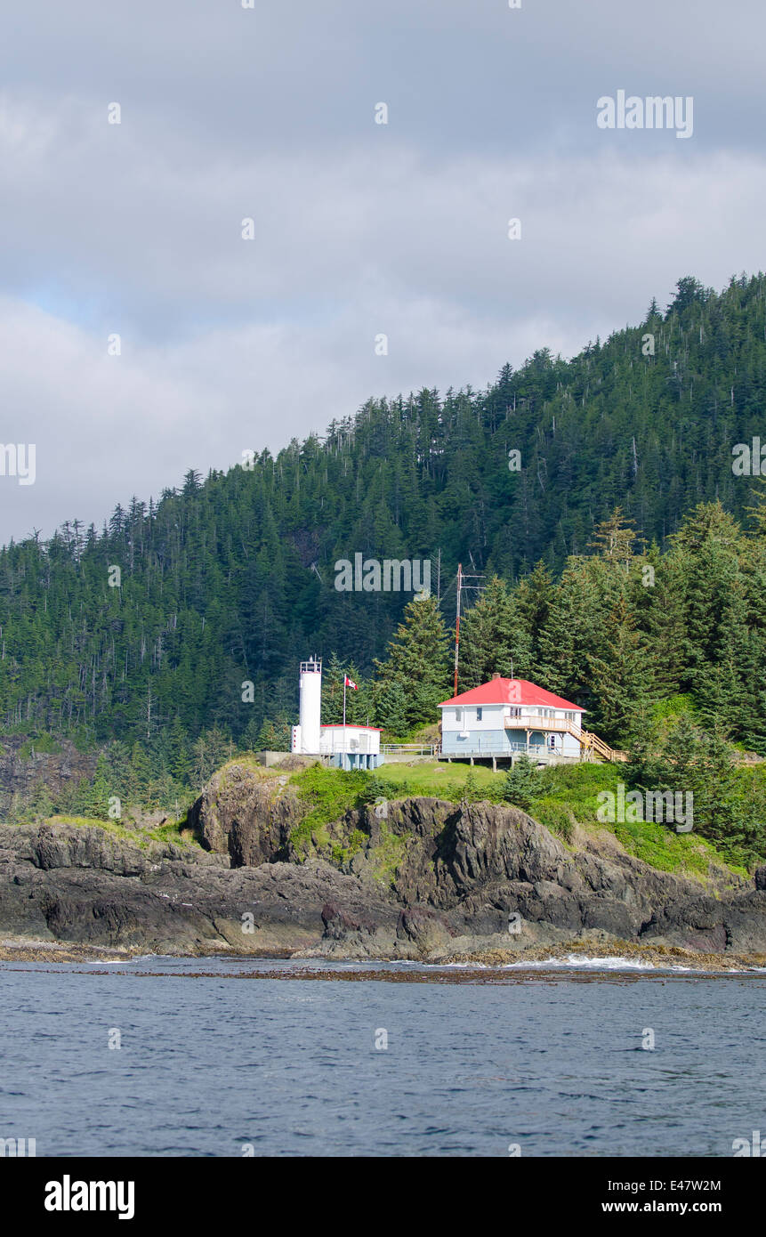 Quatsino Sound Lighthouse Kains Island Light Station signal beacon, Port Alice, Vancouver Island, British Columbia, Canada. Stock Photo
