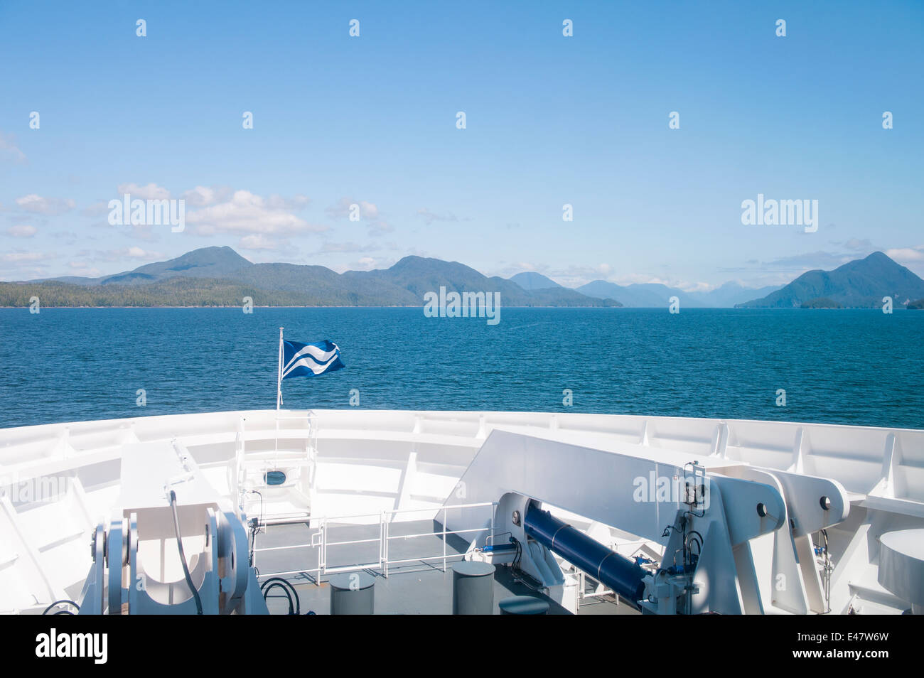 The bow of a BC Ferry in Inside Passage, British Columbia, Canada. Stock Photo