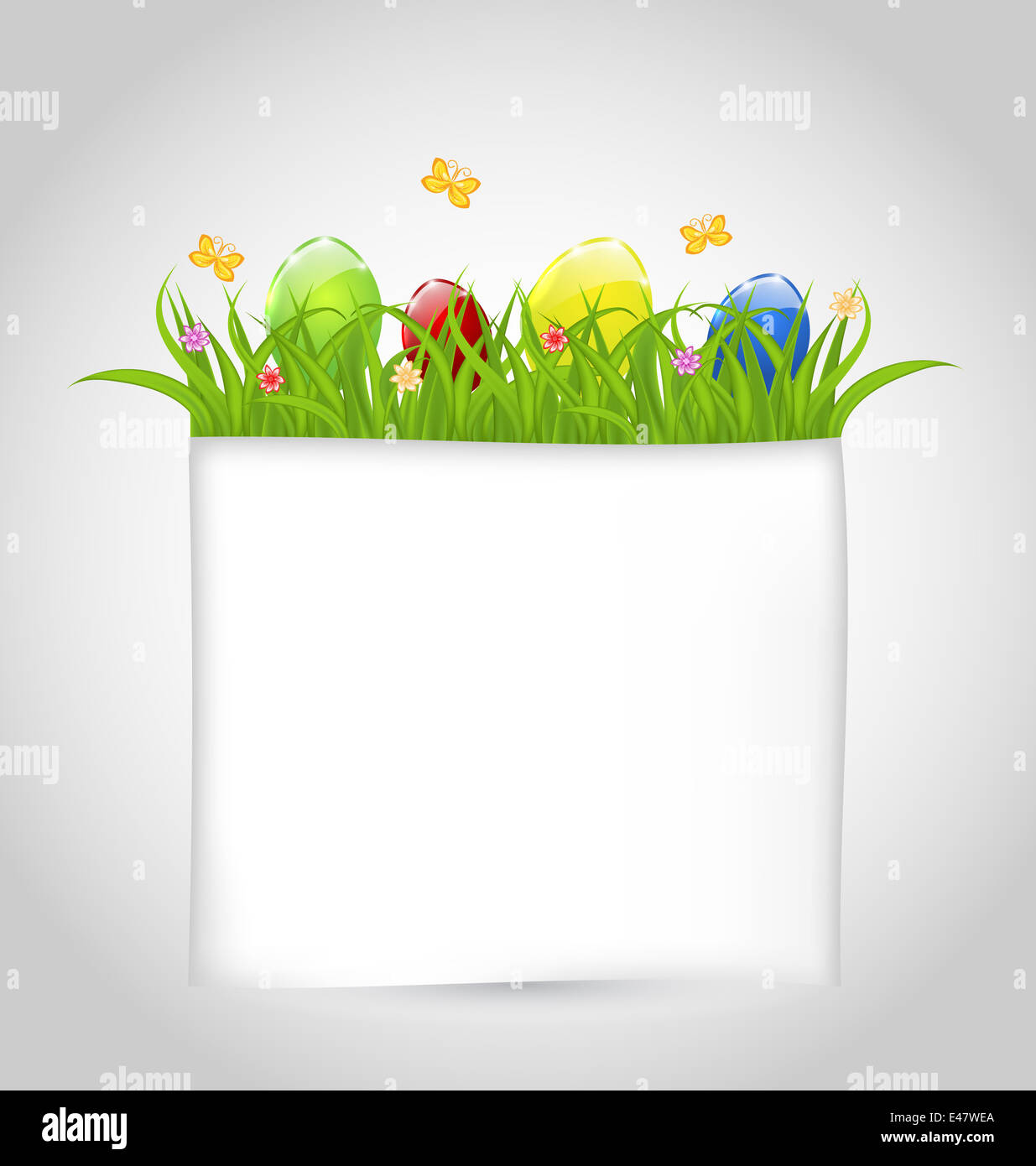 Illustration Easter colorful eggs in green grass with empty paper for ...