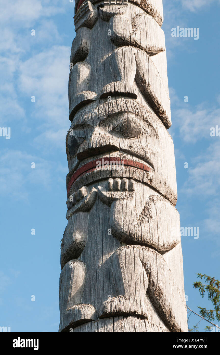 First Nation totem story pole at the courthouse in Prince Rupert, British Columbia, Canada. Stock Photo