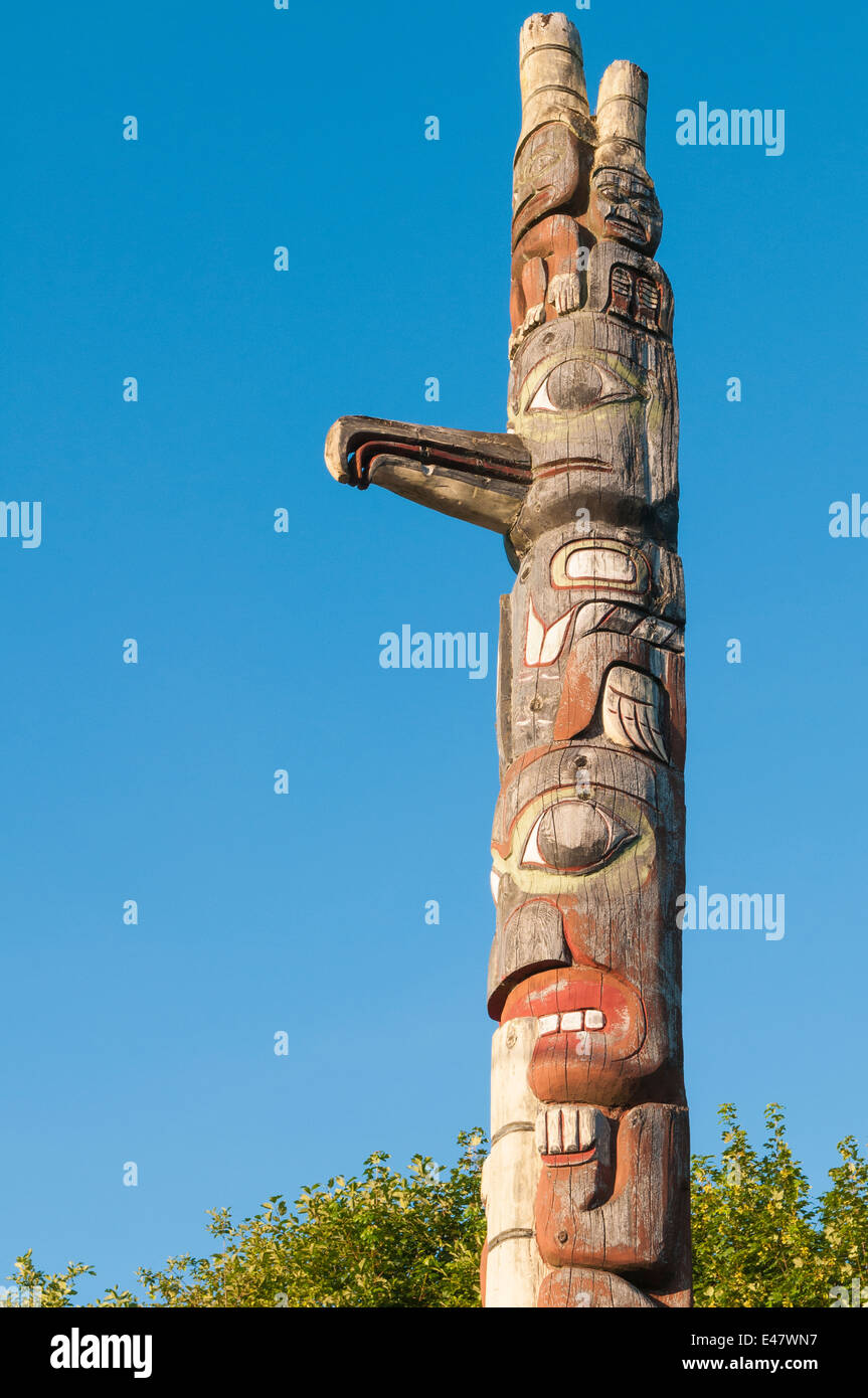Chief's first nation nations totem pole in Service Park, Prince Rupert, British Columbia, Canada. Stock Photo