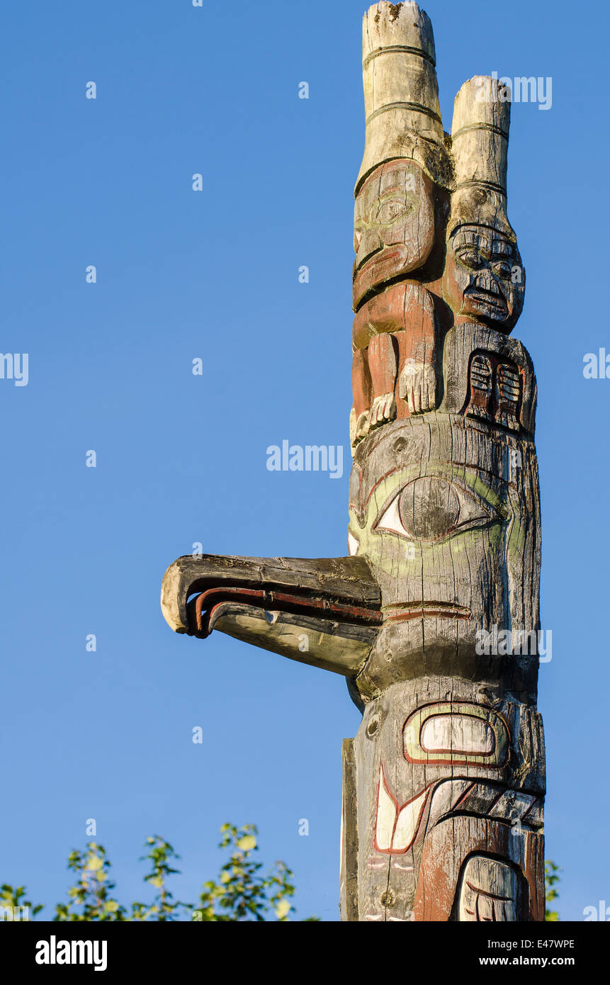 Chief's first nation nations totem pole in Service Park, Prince Rupert, British Columbia, Canada. Stock Photo