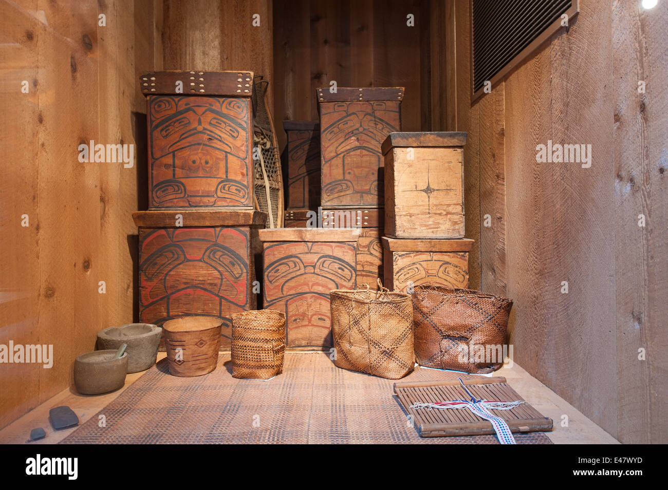 First nation indian haida coastal people burial boxes woven baskets Museum of Northern British Columbia, Prince Rupert, Canada. Stock Photo