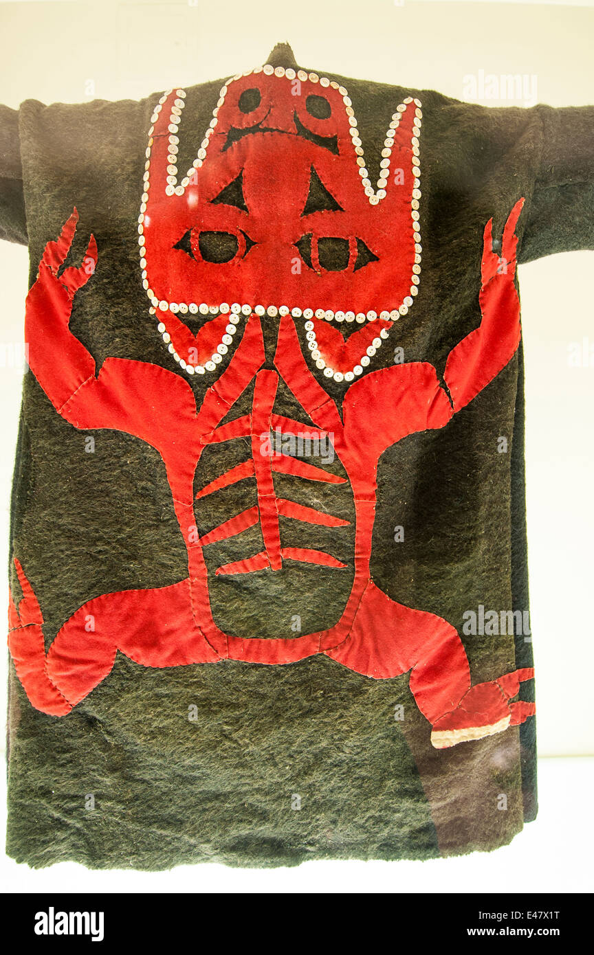 First nation indian haida coastal people decorated fur hide cape Museum of Northern British Columbia, Prince Rupert, Canada. Stock Photo