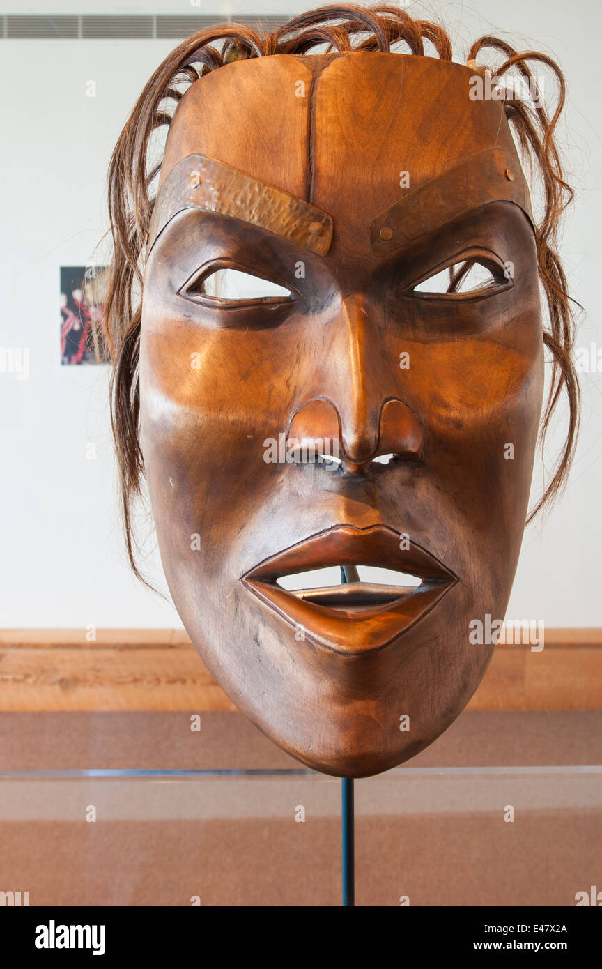 First nation indian haida coastal people carved wood wooden mask art Museum of Northern British Columbia, Prince Rupert, Canada. Stock Photo
