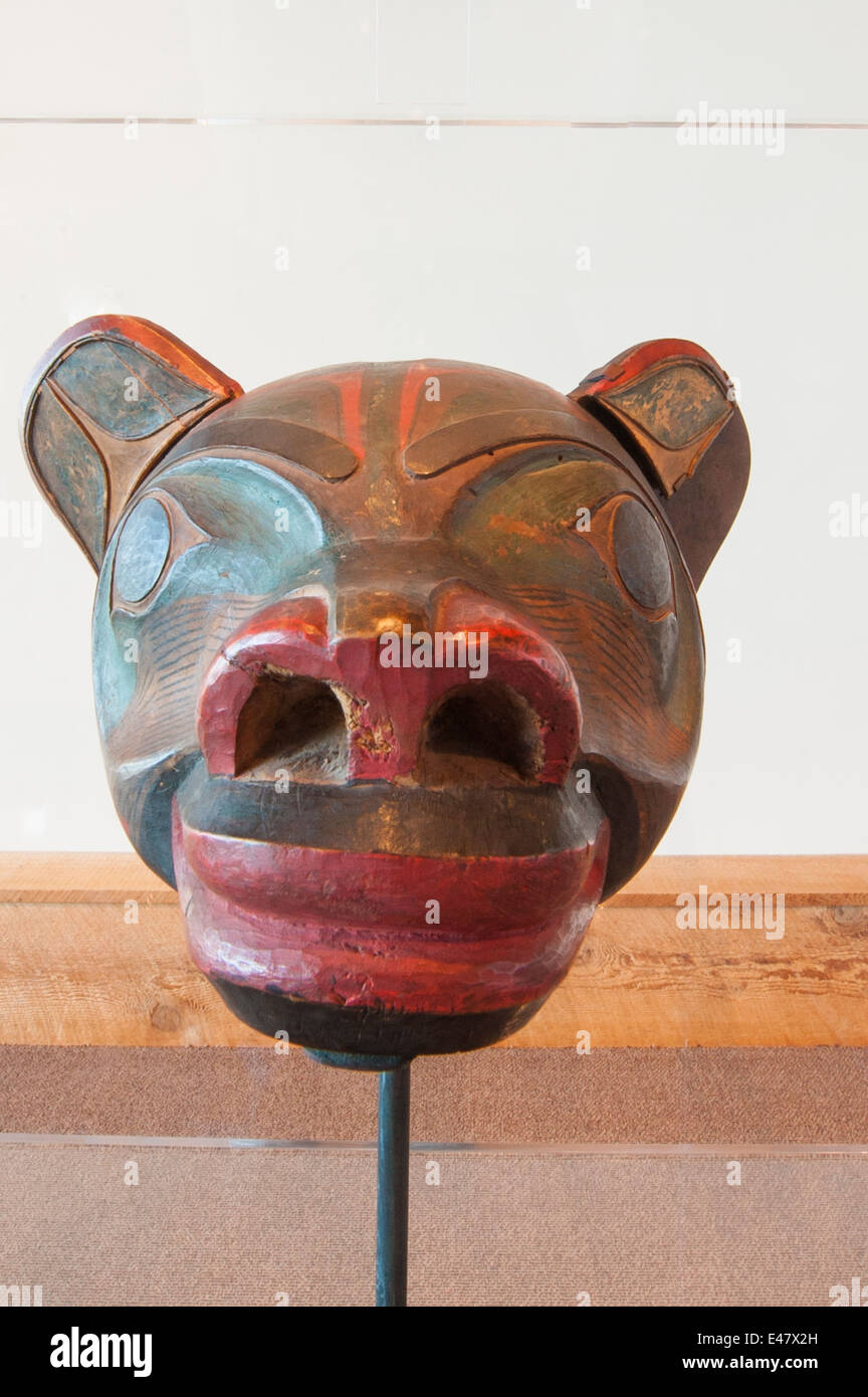 First nation indian haida coastal people carved wood wooden mask art Museum of Northern British Columbia, Prince Rupert, Canada. Stock Photo