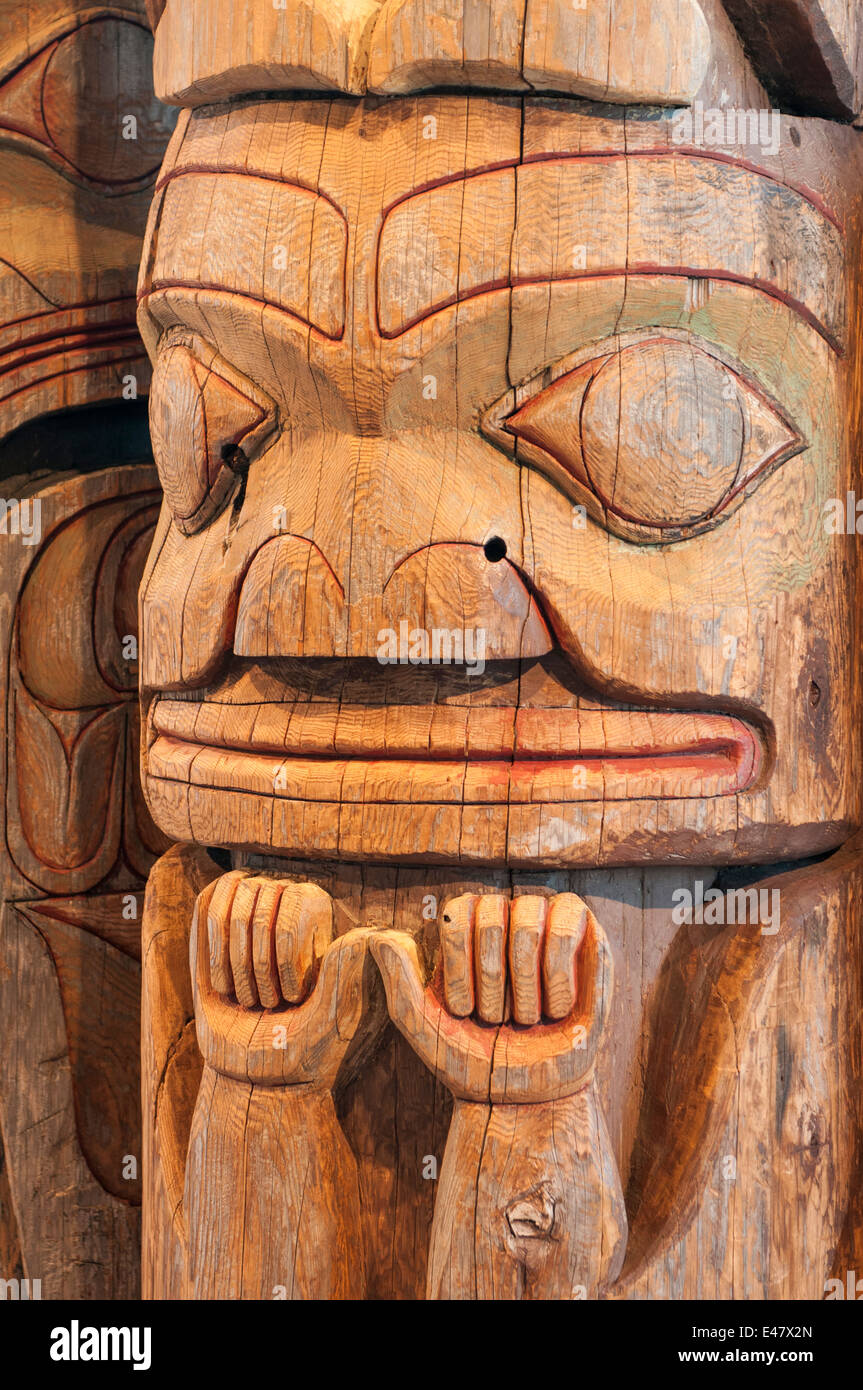 First nation indian haida coastal people totem totems story poles Museum of Northern British Columbia, Prince Rupert, Canada. Stock Photo