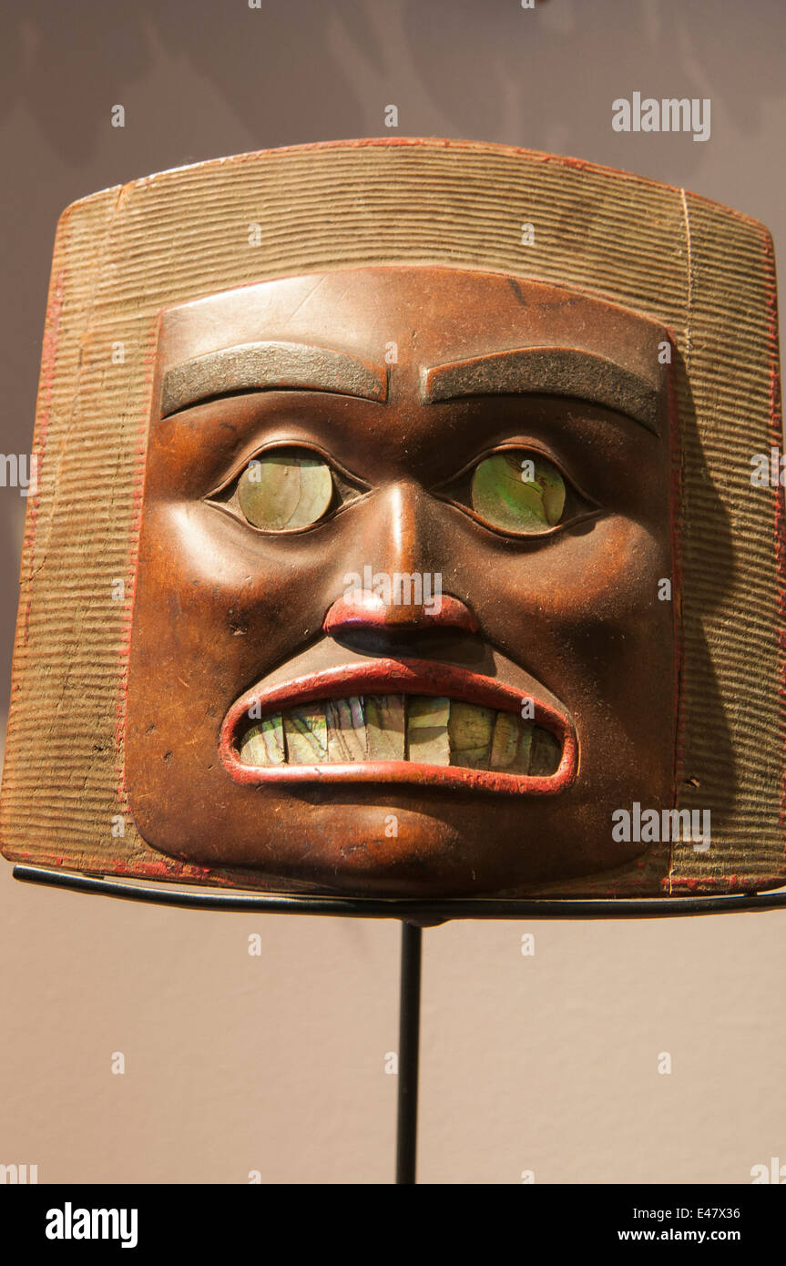 First nation indian haida coastal people carved wood wooden mask art Museum of Northern British Columbia, Prince Rupert, Canada. Stock Photo