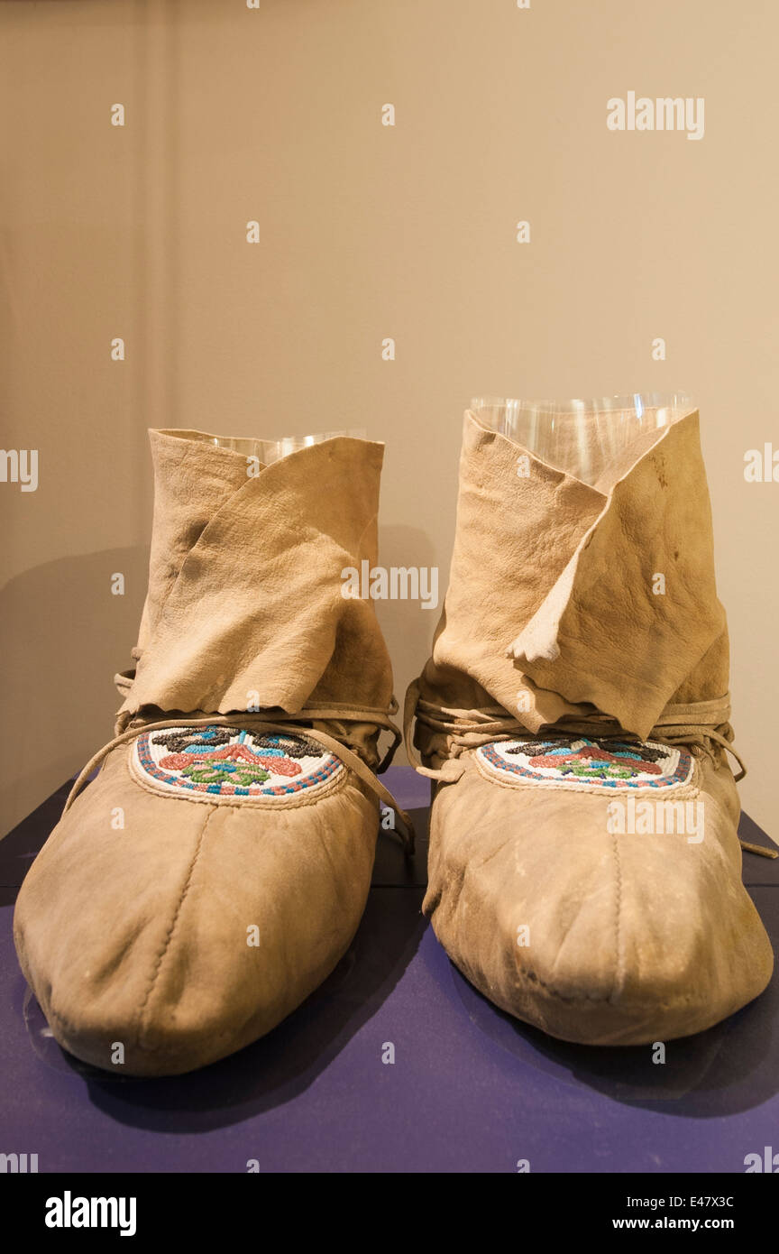 First nation indian haida coastal people leather moccasins moccasin Museum of Northern British Columbia, Prince Rupert, Canada. Stock Photo