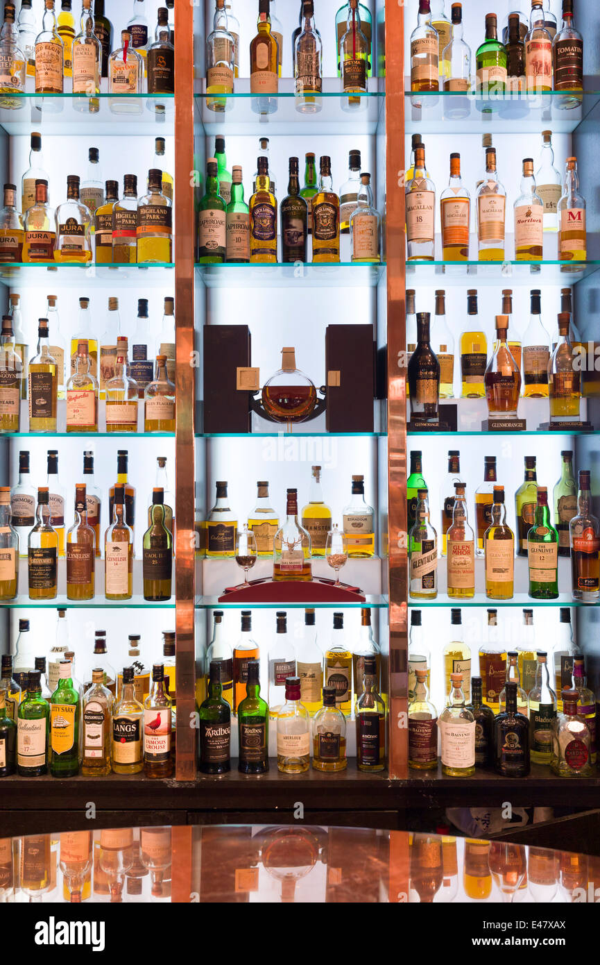 Choice of Single Malt Whisky in the Great Scots Bar at Cameron House Hotel on Loch Lomond near Glasgow, SCOTLAND Stock Photo