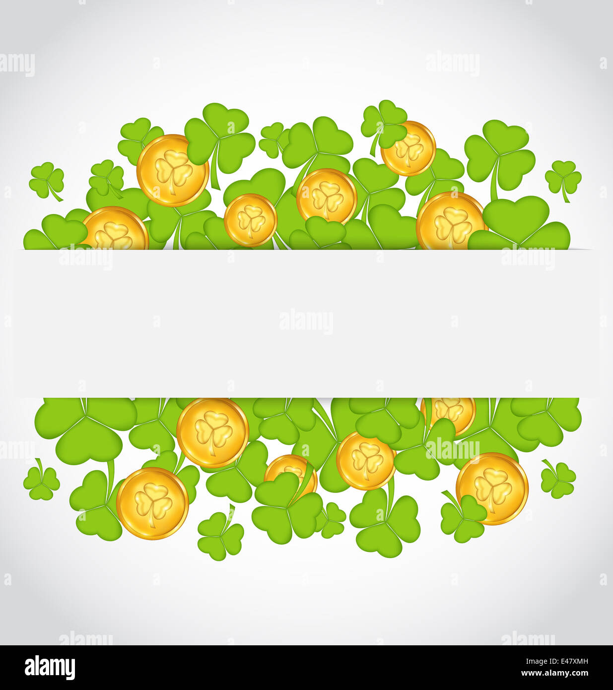 Illustration celebration card with clovers and golden coins for St ...