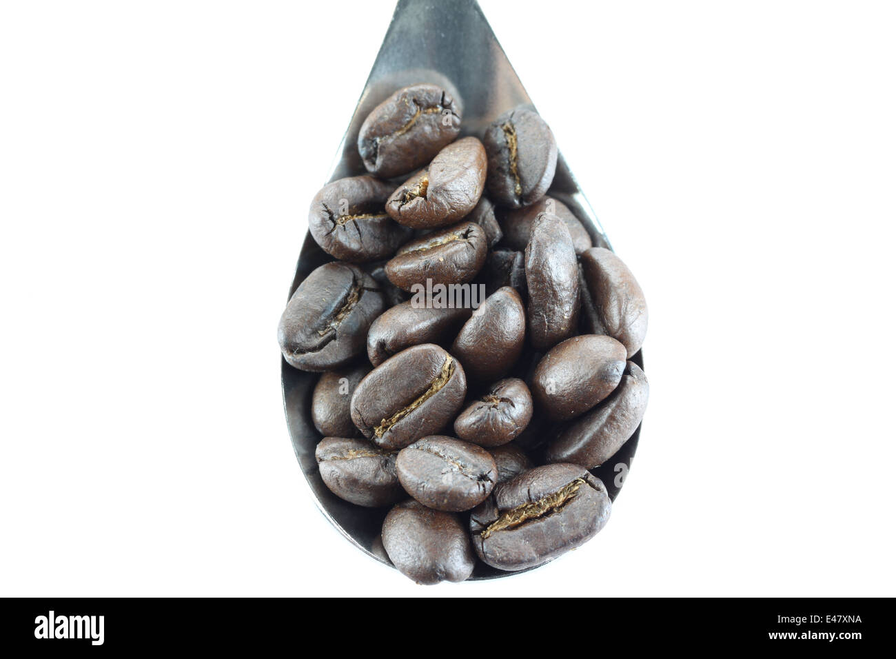 Coffee beans in a stainless steel spoon on white background Stock Photo ...