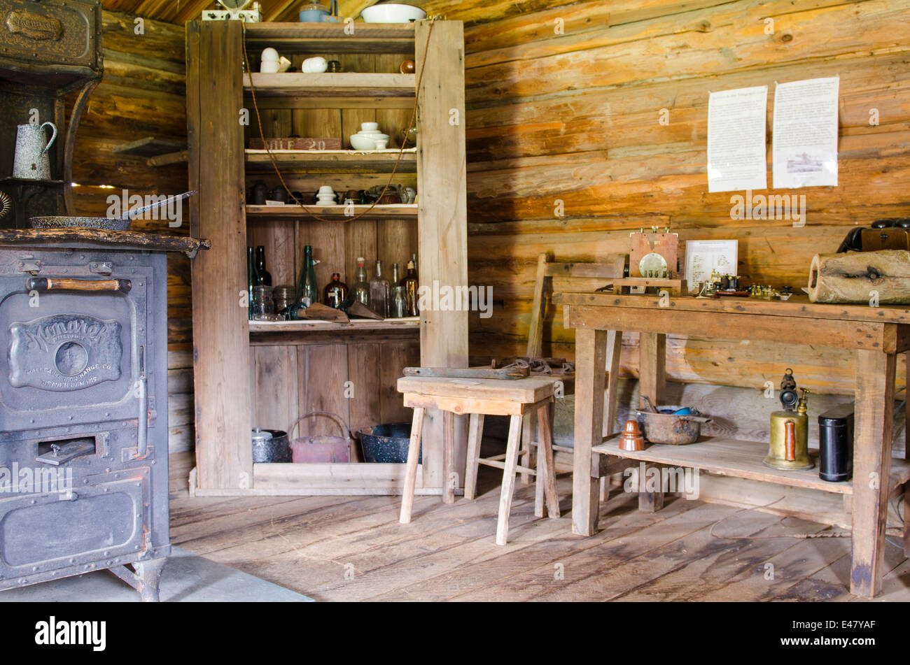 Interior room furniture log cabin building house Heritage Park Museum, Terrace, British Columbia