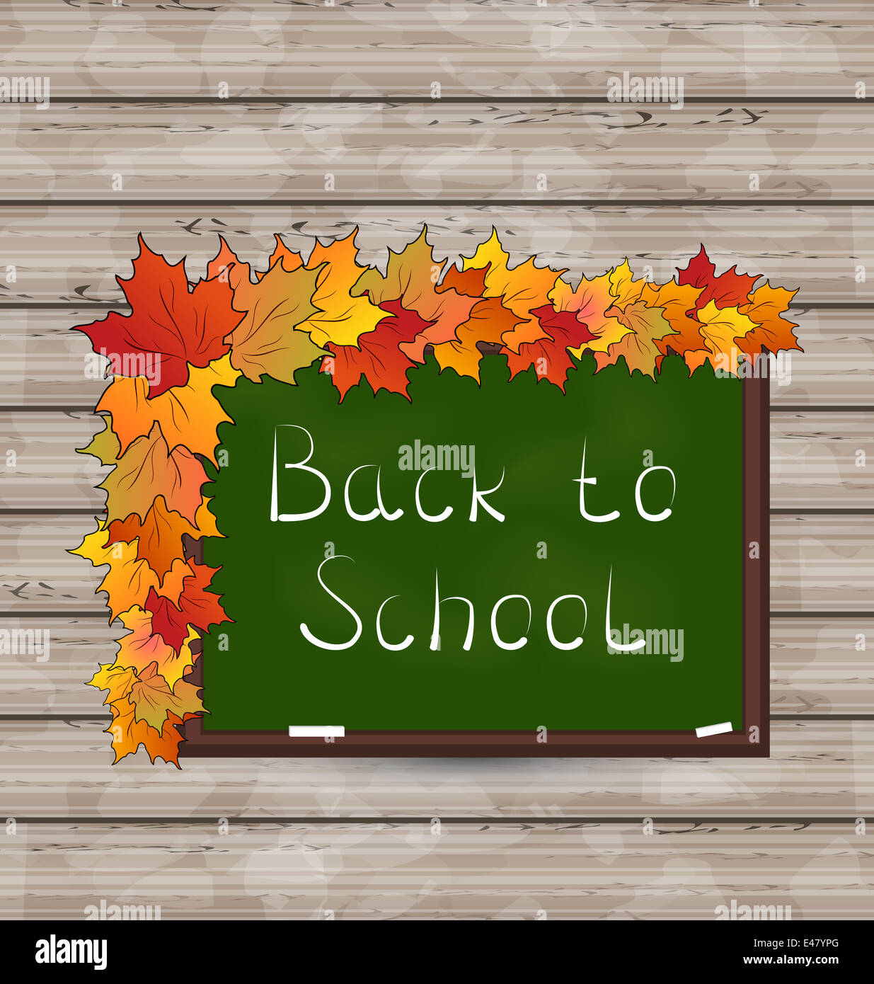 Illustration school green board with leaves on wooden texture - vector ...