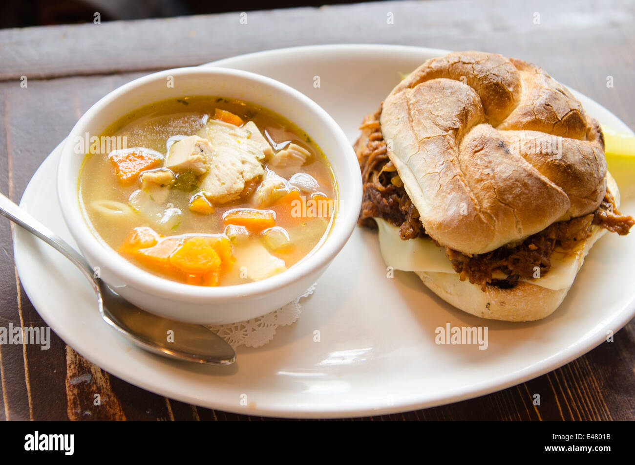 Pulled pork sandwich and vegetable soup, Nancy O's Restaurant, Prince George, British Columbia, Canada. Stock Photo