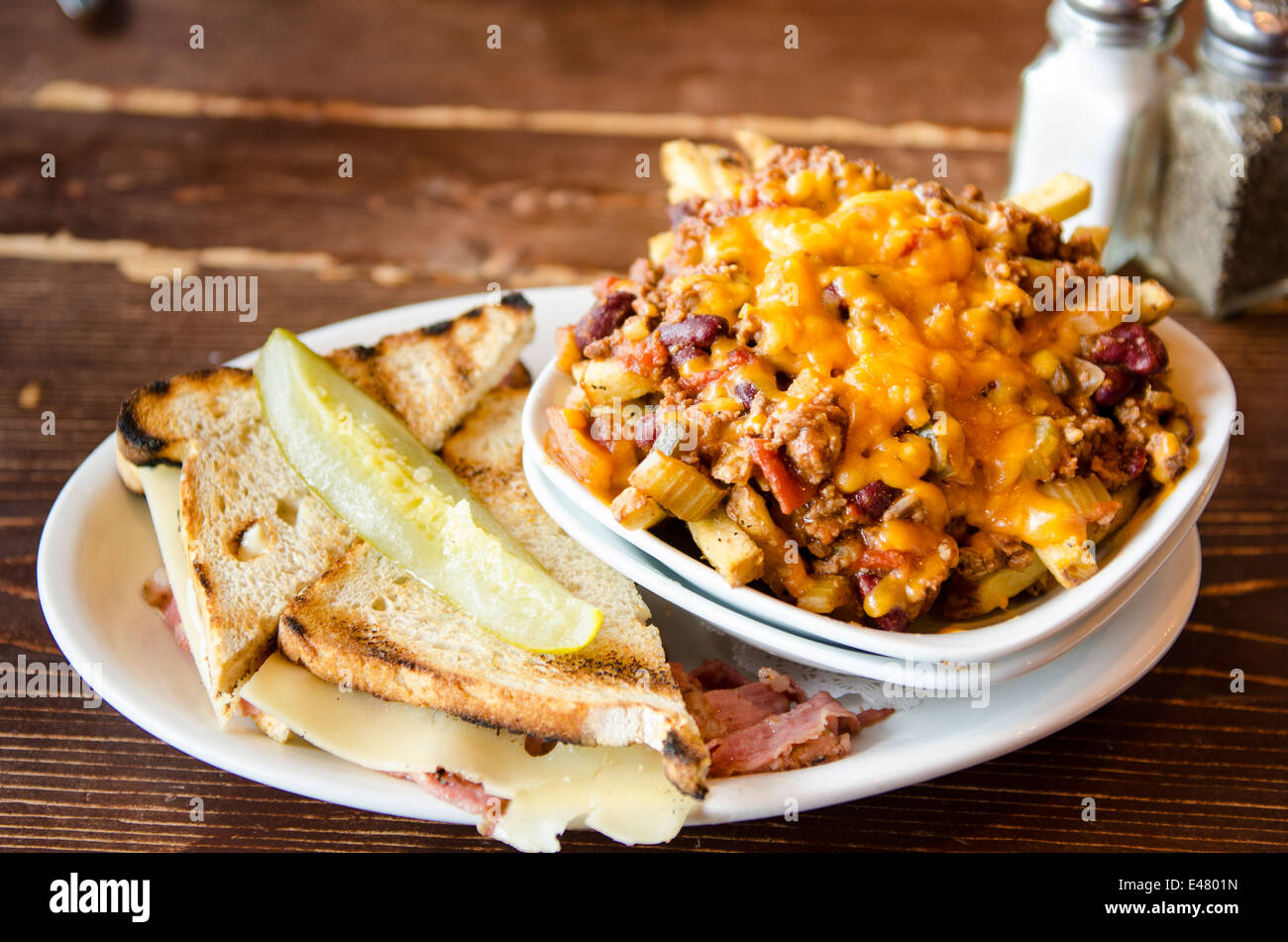 Ham and cheese sandwich with chili and chips at Nancy O's Restaurant, Prince George, British Columbia, Canada. Stock Photo