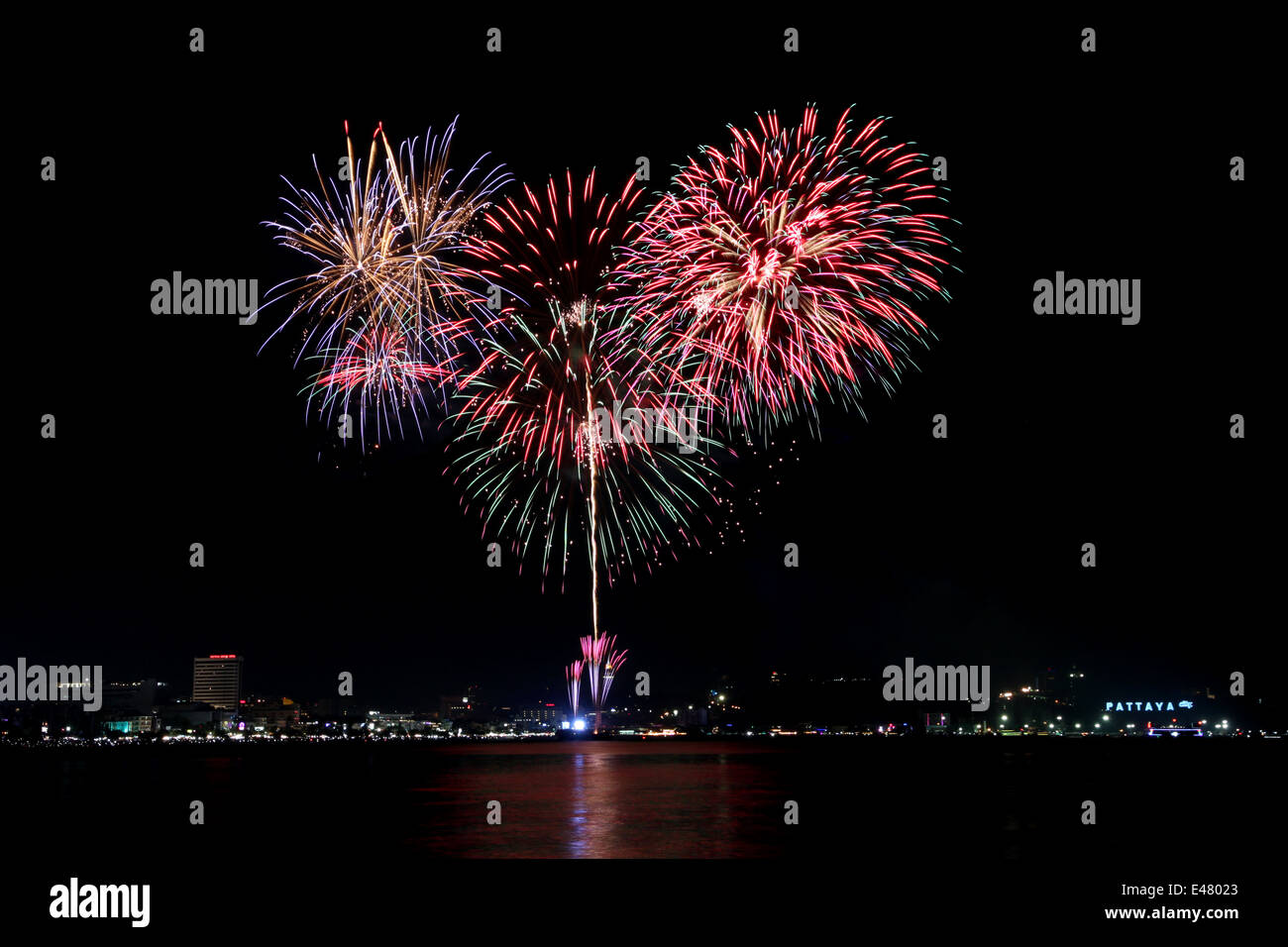 Variety of colors Fireworks or firecracker in the darkness at Pattaya,Thailand. Stock Photo